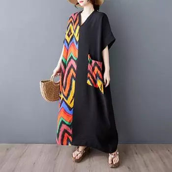 Dimanaf 2025 Женское Новое Летнее Платье Больших Размеров Свободное Платье С Карманом и Принтом Базовое Повседневное Длинное Платье Большие Размеры One Size чёрный