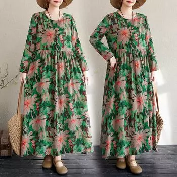 DIMANAF 2025 Женское Новое Весеннее Длинное Платье Плюс Размер Длинный Рукав О-Образный Вырез Цветочный Принт Свободный Повседневный Винтаж Макси L зелёный