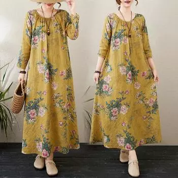 DIMANAF 2025 Женское Новое Весеннее Длинное Платье Большого Размера Базовое Длинное Рукав Свободное Повседневное Цветочное Винтажное Макси Оверсайз L жёлтый