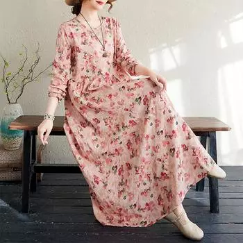 Dimanaf 2025 Женское Новое Весеннее Длинное Платье Плюс Размер Длинный Рукав Праздничный О-Образный Вырез Винтажный Принт Свободный Повседневный Макси L розовый