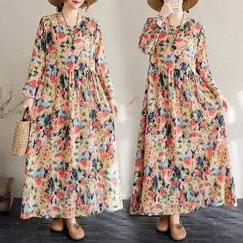 Dimanaf 2025 Женское Новое Весеннее Длинное Платье Плюс Размер Винтаж Длинный Рукав Праздничный О-Образный Вырез Печать Свободный Повседневный Макси L красный