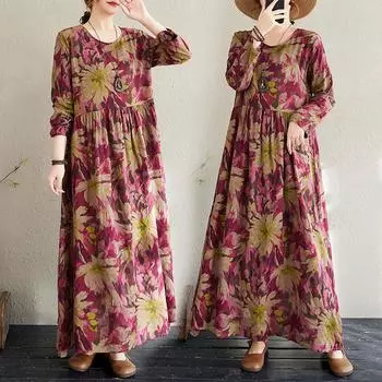 Dimanaf 2025 Женское Новое Весеннее Длинное Платье Большого Размера С Длинным Рукавом Цветочный O-образный Вырез Принт Свободный Повседневный Винтаж Макси L фиолетовый