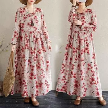Dimanaf 2025 Женское Новое Весеннее Длинное Платье Плюс Размер Винтаж Длинный Рукав Праздник О-Образным Вырезом Цветочное Свободное Повседневное Макси L красный