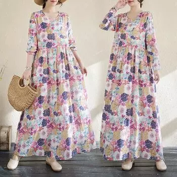 DIMANAF 2025 Женское Новое Весеннее Длинное Платье Большого Размера Винтажное Базовое С Длинным Рукавом Свободное Повседневное Макси Праздничное Цветочное L фиолетовый