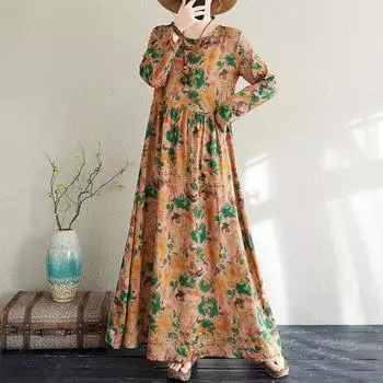 Dimanaf 2025 Женское Новое Весеннее Длинное Платье Большого Размера С Длинным Рукавом Хлопок Лен Печать Свободное Повседневное Винтажное Макси L коричневый
