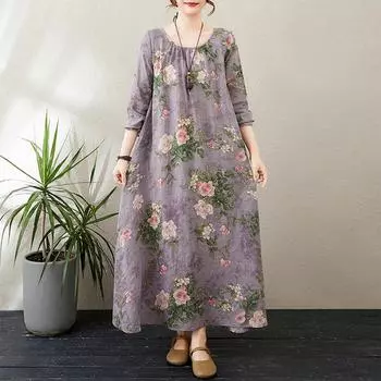 Dimanaf 2025 Женское Новое Весеннее Свободное Платье Большие Размеры Базовое Винтажное Длинное Платье Цветочное Элегантное Хлопковое Повседневное Платье Большого Размера L фиолетовый