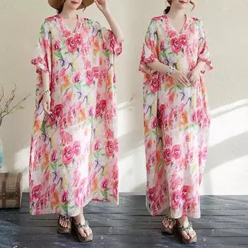 DIMANAF 2025 Женское платье больших размеров Весна-лето Повседневное платье Базовое свободное хлопковое льняное винтажное цветочное макси One Size розовый