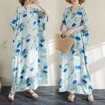 DIMANAF 2025 Женское платье больших размеров Весна-лето Повседневное платье Базовое свободное принтованное хлопковое льняное винтажное макси One Size синий