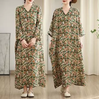 DIMANAF 2025 Женское платье больших размеров Весна-лето Базовое длинное платье с принтом листьев Винтажное свободное длинное платье с длинным рукавом One Size зелёный