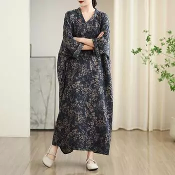 Dimanaf 2025 Женское Платье Больших Размеров Весна Лето Базовое Винтажное Длинное Платье С Принтом Листьев Свободное Длинный Рукав One Size темно-синий