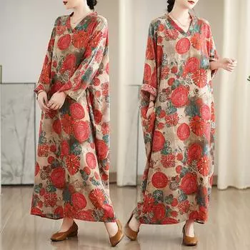 Dimanaf 2025 Женское Платье Больших Размеров Весна Лето Базовое Длинное Платье Винтаж Цветочный Длинный Рукав Повседневный Свободный One Size красный