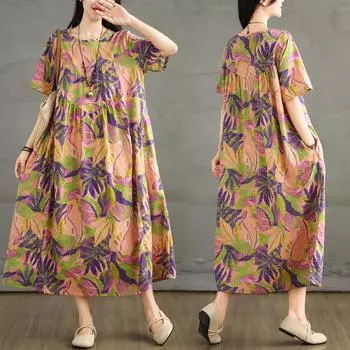 Dimanaf 2025 Женское платье больших размеров, новое летнее, повседневное, базовое, винтажное, свободное, хлопковое, льняное, макси-платье с цветочным принтом L золотой