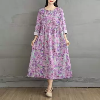 DIMANAF 2025 Женское платье больших размеров Весна-лето Повседневное платье Базовое винтажное свободное платье с цветочным принтом Длинный рукав макси L фиолетовый