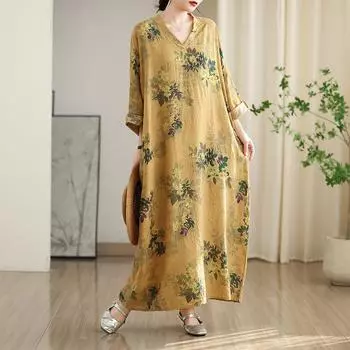 Dimanaf 2025 Женское Платье Больших Размеров Весна Лето Базовое Длинное Платье Винтаж Свободное Цветочное Длинное Рукав Повседневное One Size жёлтый