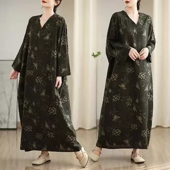 DIMANAF 2025 Женское платье больших размеров Весна-лето Базовое винтажное длинное платье с цветочным принтом Свободное длинное платье с длинным рукавом One Size чёрный