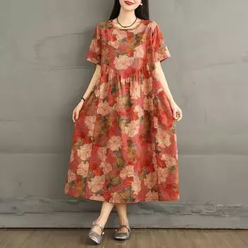 DIMANAF 2025 Женское платье больших размеров Весна-лето Повседневное платье с цветочным принтом Базовое винтажное свободное длинное платье макси One Size