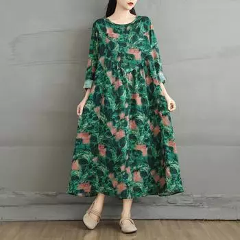 Dimanaf 2025 Женское Платье Больших Размеров Весна Лето Повседневное Платье Винтаж Свободное Базовое Длинный Рукав Принт Макси L зелёный