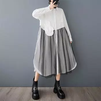 DIMANAF 2025 Женское платье больших размеров Весна-лето Повседневное платье-рубашка Винтажное базовое кружевное свободное макси на пуговицах One Size белый