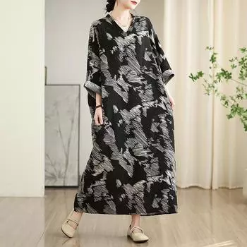 Dimanaf 2025 Женское Платье Больших Размеров Весна Лето Базовое Винтажное Длинное Повседневное Платье С Принтом Свободный Длинный Рукав One Size чёрный
