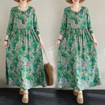 Dimanaf 2025 Женское Платье Больших Размеров Новое Весеннее Свободное Платье Винтажное Элегантное Льняное Повседневное Базовое Цветочное Длинное Платье L зелёный