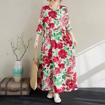 DIMANAF 2025 Женское платье больших размеров Весна Новое свободное платье Винтажное льняное повседневное базовое цветочное элегантное длинное платье Праздник L красный