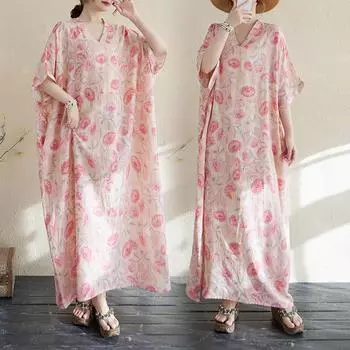 Dimanaf 2025 Женское Платье Большого Размера Весна Лето Повседневное Платье Базовое Винтажное Свободное Хлопковое Льняное Цветочное Макси One Size розовый