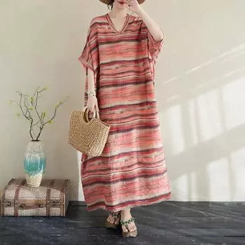 Dimanaf 2025 Женское Платье Большого Размера Весна Лето Повседневное Платье В Полоску Базовое Винтажное Свободное Хлопковое Льняное Макси One Size красный