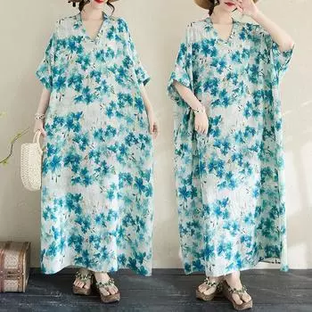 Dimanaf 2025 Женское Платье Большого Размера Весна Лето Цветочное Платье Повседневное Винтажное Платье Базовое Свободное Льняное Длинное Платье Макси One Size синий