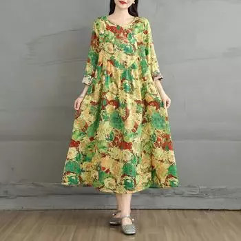Dimanaf 2025 Женское Платье Большого Размера Весна Лето Повседневное Цветочное Платье Базовое Винтажное Свободное Хлопковое Льняное Макси Длинный Рукав L жёлтый