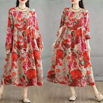 Dimanaf 2025 Женское Платье Большого Размера Весна Лето Повседневное Платье Базовое Винтажное Свободное Печать Льняное Макси Длинный Рукав L красный