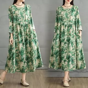 Dimanaf 2025 Женское Платье Плюс Размер Весна Лето Повседневное Платье Базовое Винтажное Свободное Печать Льняное Длинный Рукав Макси L зелёный