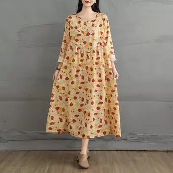 Dimanaf 2025 Женское Платье Плюс Размер Весна Лето Повседневное Платье Винтаж Свободный Базовый Принт Длинный Рукав Макси L жёлтый