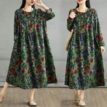 Dimanaf 2025 Женское Весеннее Длинное Платье Новое Длинное Рукав Винтажное Оверсайз Повседневное Макси Цветочное Плюс Размер Свободное L зелёный