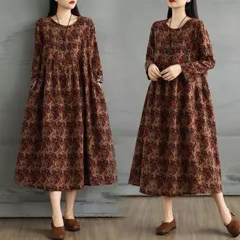 Dimanaf 2025 Женское Весеннее Длинное Платье Новое Длинное Рукав Винтажное Оверсайз Свободное Повседневное Макси Цветочное Платье Плюс Размер L коричневый