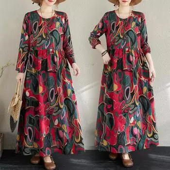 Dimanaf 2025 Женское Весеннее Новое Свободное Платье Винтажное Льняное Повседневное Базовое Цветочное Элегантное Длинное Платье L красный