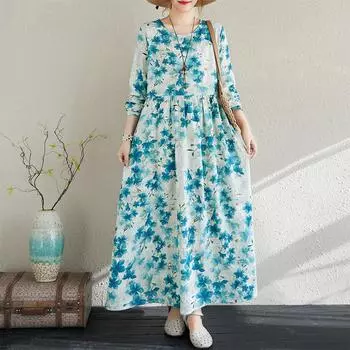Dimanaf 2025 Женское Весеннее Новое Свободное Платье Льняное Праздничное Повседневное Винтажное Базовое Элегантное Цветочное Длинное Платье L синий