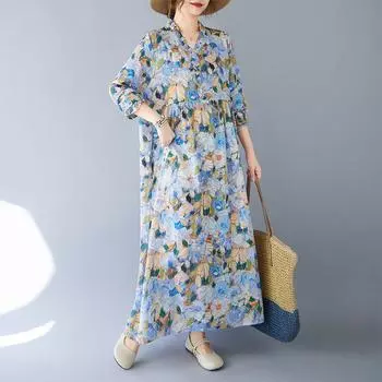 Dimanaf 2025 Женское Весеннее Платье Большого Размера Повседневное Цветочное Платье Базовое Винтажное Длинное Рукав Свободное Льняное Хлопковое Макси L синий