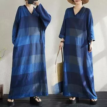 DIMANAF 2025 Женское Весеннее Платье Большого Размера Винтажное Однотонное Свободное Базовое Элегантное Синее Длинное Платье Хлопок Повседневное One Size синий