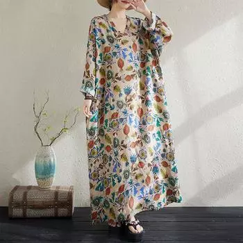 Dimanaf 2025 Женское Весеннее Платье Большого Размера Винтажное Цветочное Свободное Базовое Элегантное Длинное Платье Хлопок Повседневное One Size бежевый