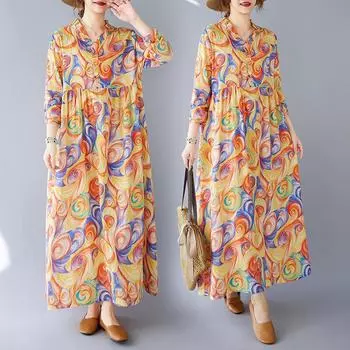 Dimanaf 2025 Женское Весеннее Платье Большого Размера Повседневное Платье с Принтом Базовое Винтажное Длинное Рукав Свободное Хлопковое Льняное Макси L оранжевый