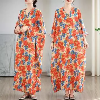 Dimanaf 2025 Женское Весеннее Свободное Платье Плюс Размер Базовый Пляжный Принт Цветочный Повседневный Длинный Винтаж Льняное Платье One Size оранжевый