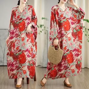 Dimanaf 2025 Женское Весеннее Свободное Платье Плюс Размер Винтаж Элегантный V-образный вырез Льняное Повседневное Базовое Цветочное Новое Длинное Платье One Size красный