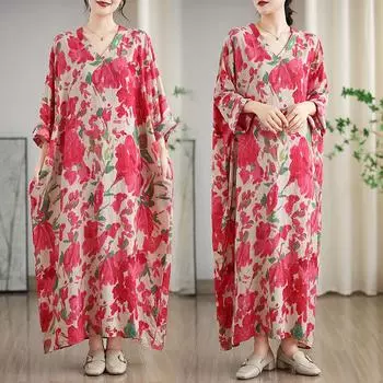 Dimanaf 2025 Женское Весеннее Свободное Платье Плюс Размер Винтаж Элегантный Хлопок Льняной Повседневный Базовый Цветочный Новый Длинный Платье One size красный