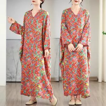 Dimanaf 2025 Женское весеннее платье больших размеров Базовое свободное пляжное платье с цветочным принтом Повседневное длинное винтажное льняное платье One Size красный