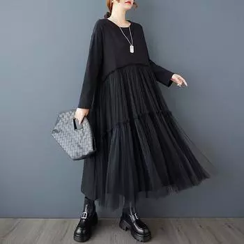 DIMANAF 2025 Женское весеннее платье Винтажное однотонное свободное сетчатое элегантное черное длинное платье из хлопка повседневное One Size чёрный