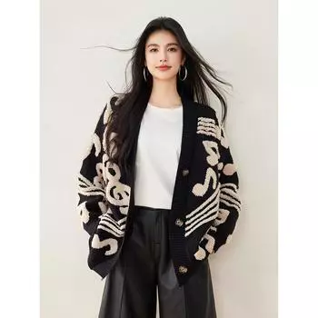 Dimanaf 2025 Зима Новая Куртка Женская Кофта Пальто Стеганый Кардиган Вязаный Карманы Свитер one size