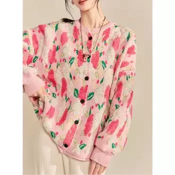DIMANAF 2025 Зима Новинка Плюс Размер Осень Женщины Цветочные Пуговицы Свитера Куртка Вязание Мода Оверсайз Повседневный Стиль Свободный Кардиган Свитер One Size розовый