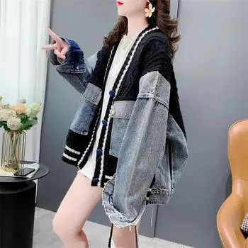 DIMANAF 2025 Зимнее пальто Женская куртка Свитеры Джинсовый О-образный вырез Пуговицы Пэчворк Вязание Базовый Синий Модный Свободный Свитер One size