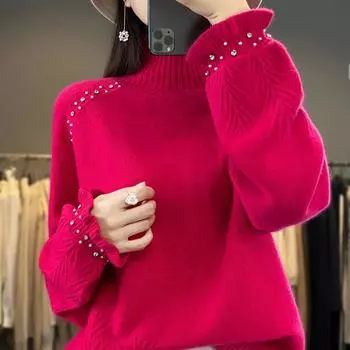 DIMANAF 2025 Зимние свитера Осенние женские однотонные принты Водолазка Летучая мышь Свитера Вязание Свободный свитер One Size красный