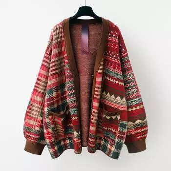 DIMANAF 2025 Зимний Большой Размер Принт Осень Женщины Пуговицы Свитера Куртка Вязание Повседневный Стиль Свободный Кардиган Свитер one size красный